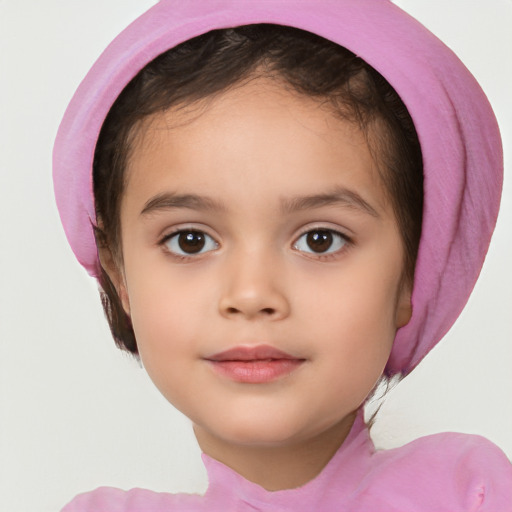 Joyful white child female with short  brown hair and brown eyes