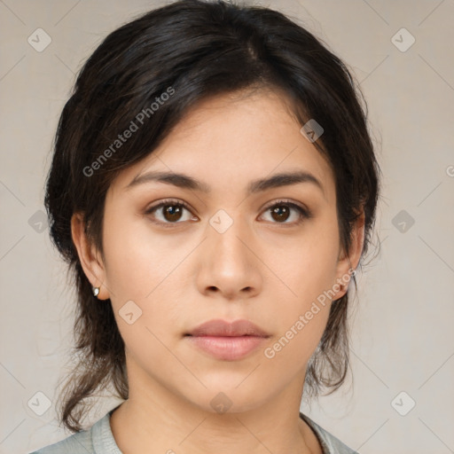 Neutral asian young-adult female with medium  brown hair and brown eyes