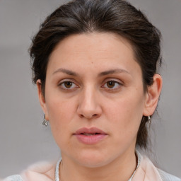 Neutral white adult female with medium  brown hair and brown eyes