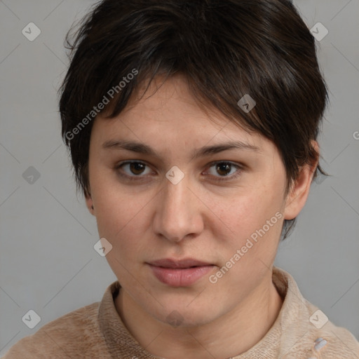 Neutral white young-adult female with short  brown hair and brown eyes