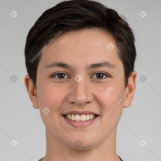 Joyful white young-adult female with short  brown hair and brown eyes