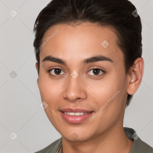 Joyful white young-adult female with short  brown hair and brown eyes