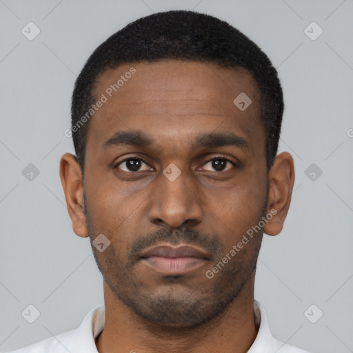 Neutral black young-adult male with short  black hair and brown eyes