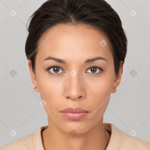 Neutral white young-adult female with short  brown hair and brown eyes