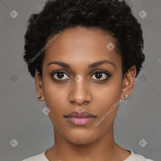 Neutral black young-adult female with short  black hair and brown eyes