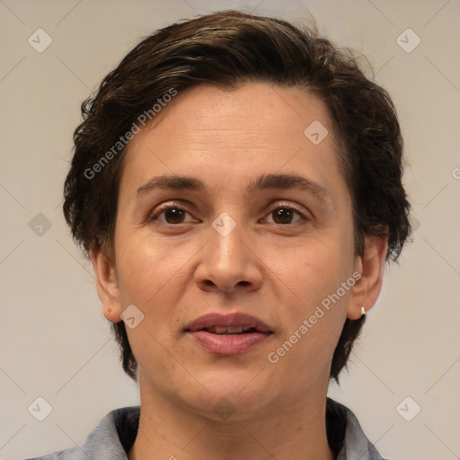 Joyful white adult female with short  brown hair and brown eyes