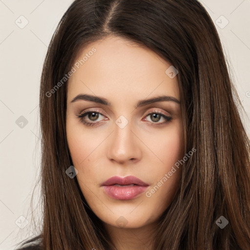 Neutral white young-adult female with long  brown hair and brown eyes