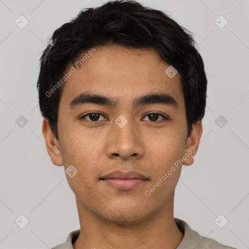 Neutral asian young-adult male with short  black hair and brown eyes