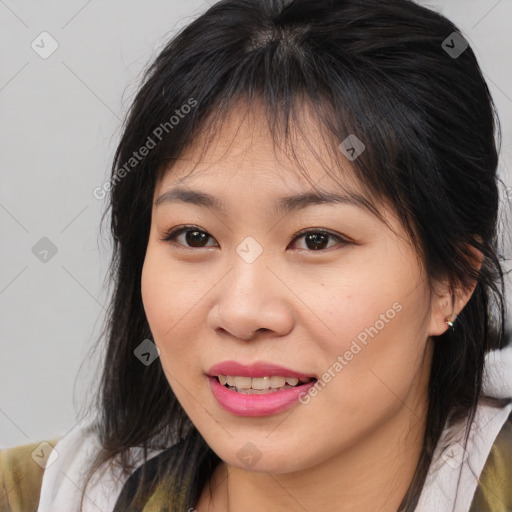 Joyful asian young-adult female with medium  brown hair and brown eyes