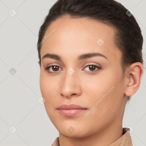 Neutral white young-adult female with long  brown hair and brown eyes