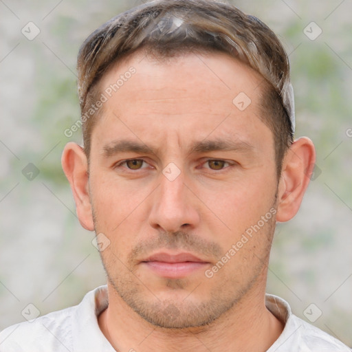 Neutral white adult male with short  brown hair and brown eyes