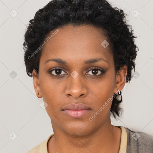 Neutral black young-adult female with short  black hair and brown eyes