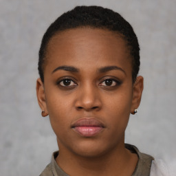 Neutral black young-adult female with short  black hair and brown eyes