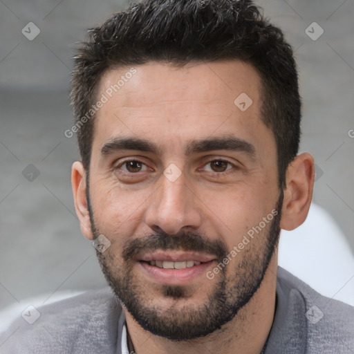 Joyful white young-adult male with short  black hair and brown eyes