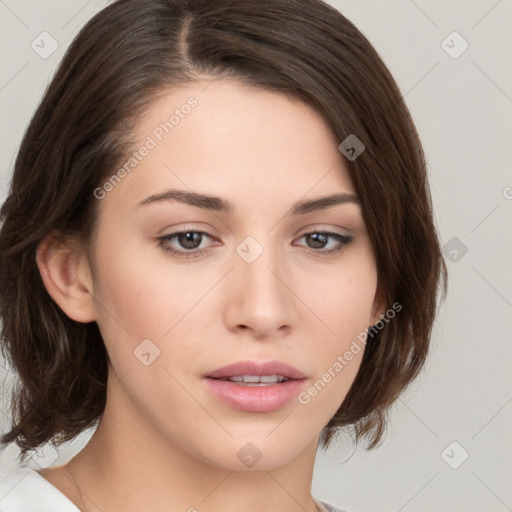 Neutral white young-adult female with medium  brown hair and brown eyes