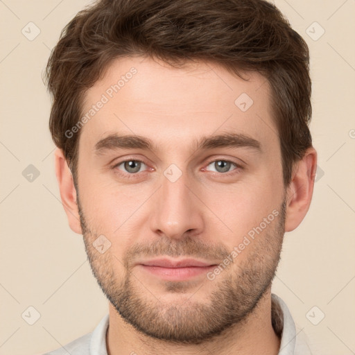 Neutral white young-adult male with short  brown hair and brown eyes