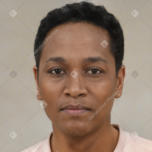 Neutral black young-adult female with short  black hair and brown eyes