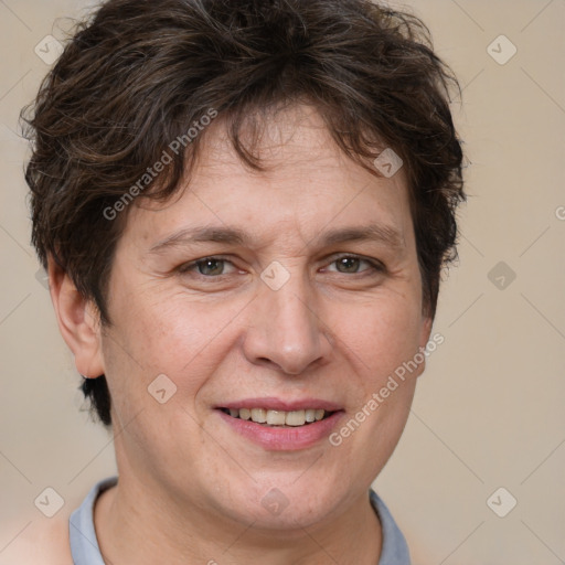 Joyful white adult female with short  brown hair and brown eyes