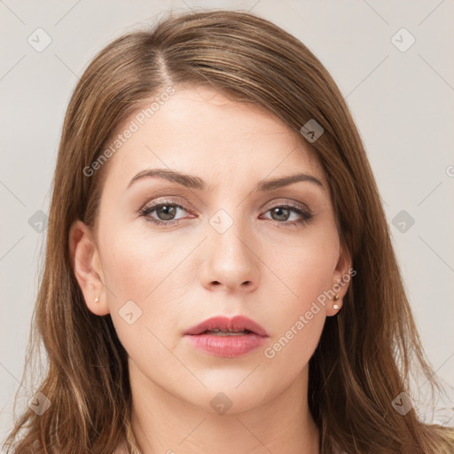 Neutral white young-adult female with long  brown hair and brown eyes