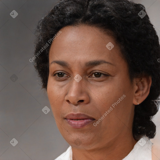 Joyful black adult female with short  brown hair and brown eyes