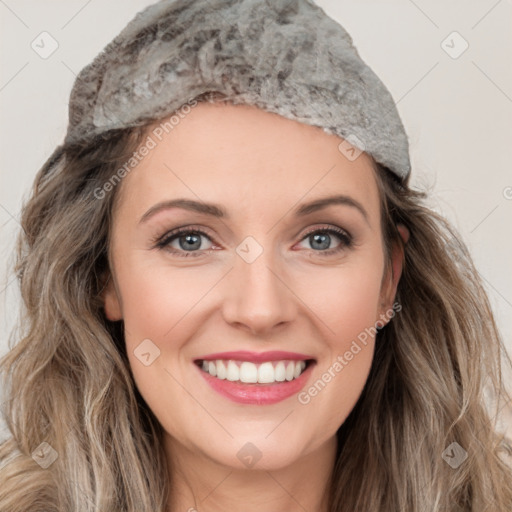 Joyful white young-adult female with long  brown hair and green eyes