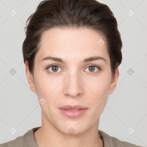 Neutral white young-adult female with short  brown hair and brown eyes