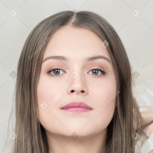 Neutral white young-adult female with long  brown hair and brown eyes