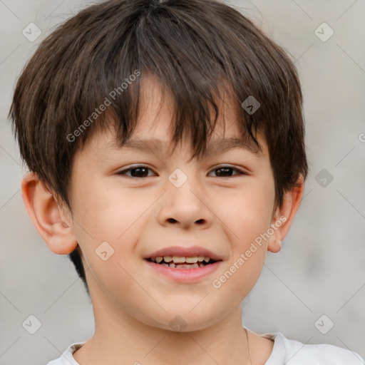 Joyful white child male with short  brown hair and brown eyes