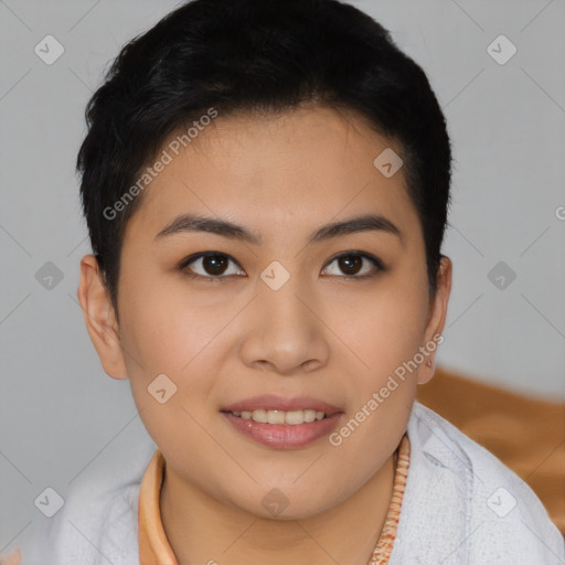 Joyful asian young-adult female with short  brown hair and brown eyes