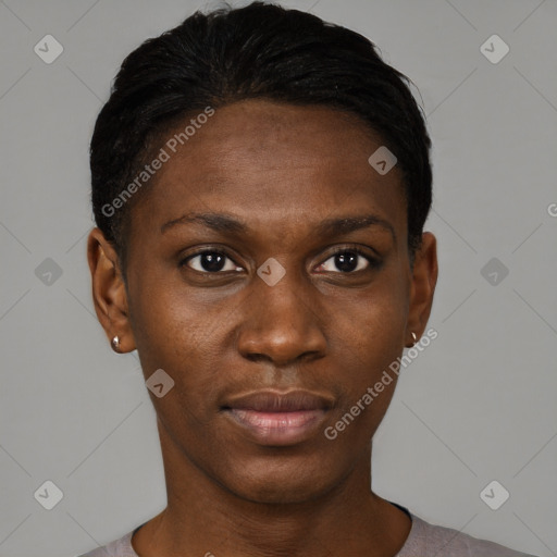 Neutral black young-adult female with short  black hair and brown eyes