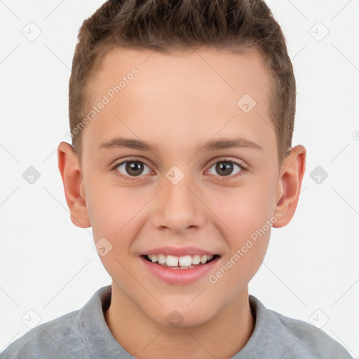 Joyful white child male with short  brown hair and brown eyes