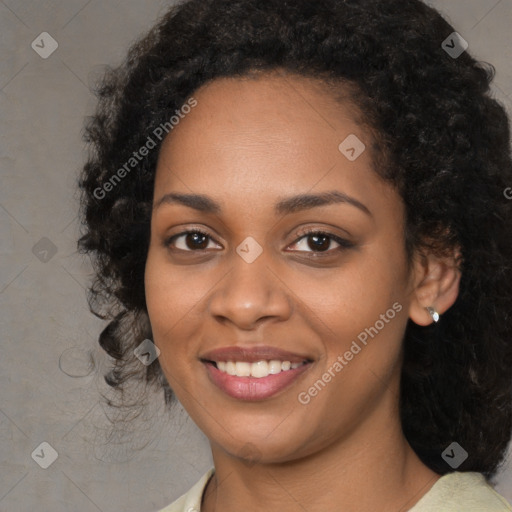 Joyful black young-adult female with medium  black hair and brown eyes