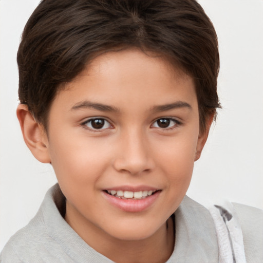 Joyful white child female with short  brown hair and brown eyes