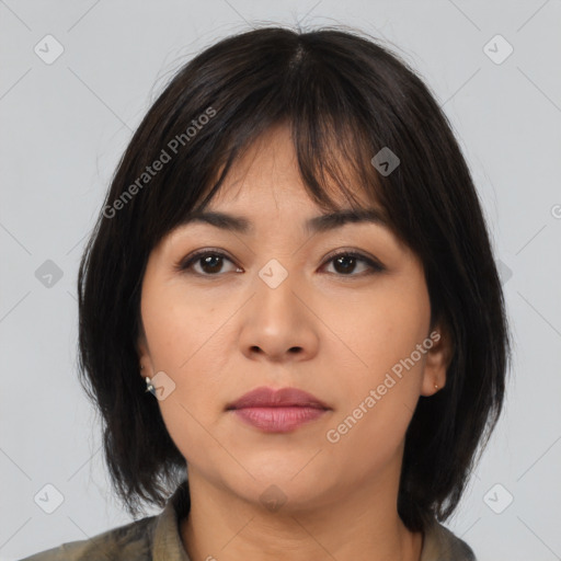 Neutral asian young-adult female with medium  brown hair and brown eyes