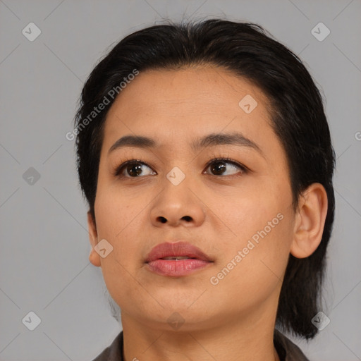 Neutral asian young-adult female with medium  black hair and brown eyes