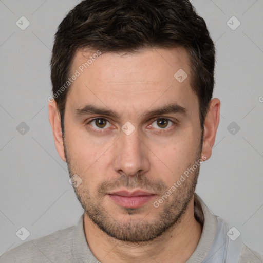 Neutral white young-adult male with short  brown hair and brown eyes