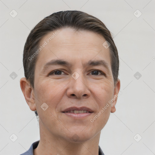 Joyful white adult male with short  brown hair and brown eyes