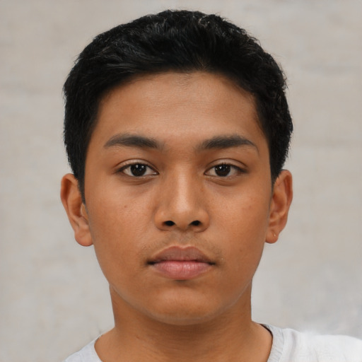 Neutral asian young-adult male with short  black hair and brown eyes