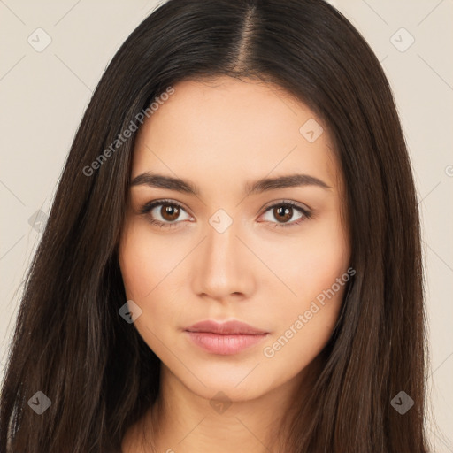 Neutral white young-adult female with long  brown hair and brown eyes