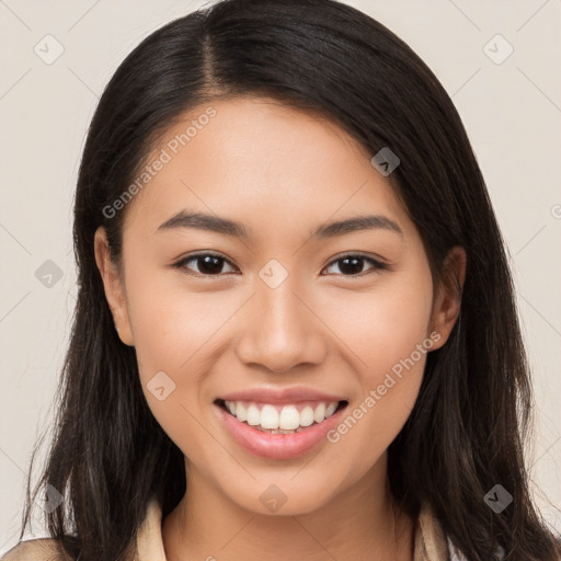 Joyful white young-adult female with long  brown hair and brown eyes