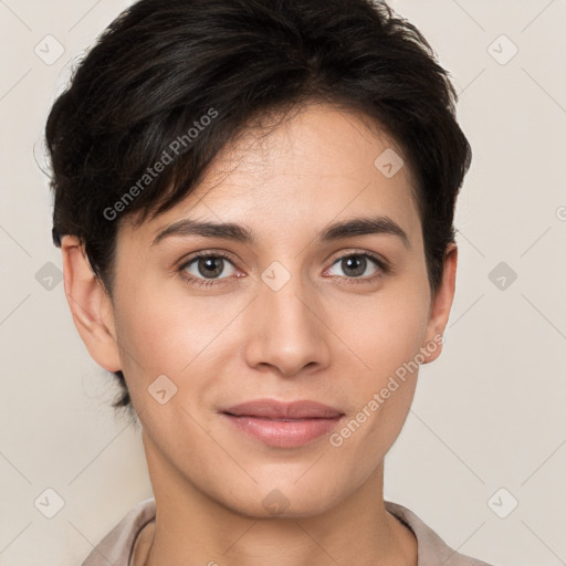 Joyful white young-adult female with short  brown hair and brown eyes