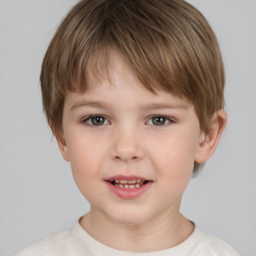 Joyful white child female with short  brown hair and brown eyes