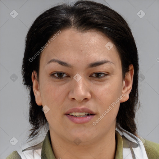 Joyful white adult female with medium  brown hair and brown eyes