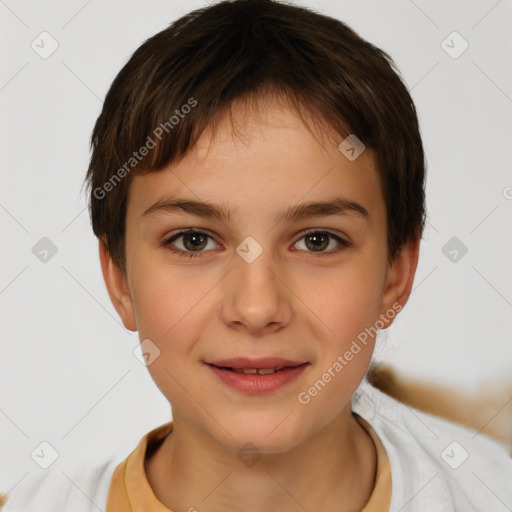 Joyful white child female with short  brown hair and brown eyes