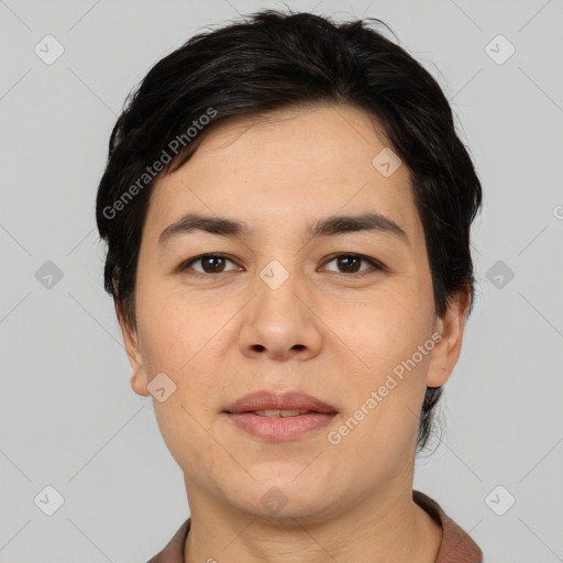 Joyful white young-adult female with short  black hair and brown eyes