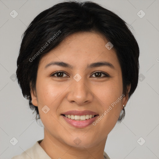 Joyful asian young-adult female with short  brown hair and brown eyes