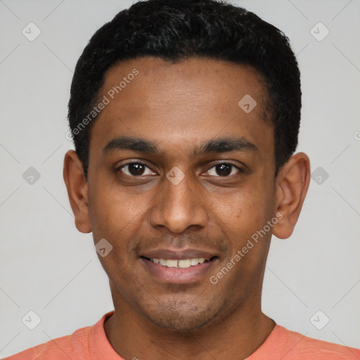 Joyful latino young-adult male with short  black hair and brown eyes