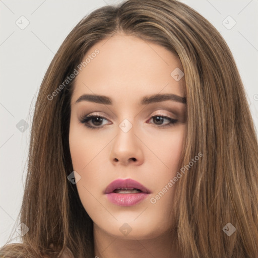 Neutral white young-adult female with long  brown hair and brown eyes