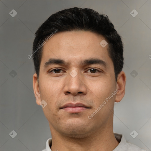 Neutral asian young-adult male with short  black hair and brown eyes