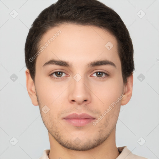 Neutral white young-adult male with short  brown hair and brown eyes